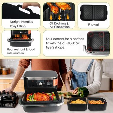 Силіконова форма для фритюрниці BYKITCHEN для Ninja AF500EU, аксесуари для гнучкої шухляди для AF500EU 10.4 л, 3 великі форми для випічки у фритюрниці, аксесуари AF500 для Ninja Foodi Dual Zone, сумісні з Cecotec 9000 9 л