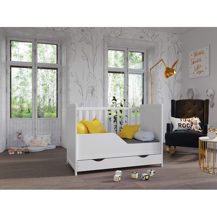 Дитяче ліжко Love For Sleep 120x60 см, біле, з шухлядою та захистом від падіння дерев&39яне ліжечко, 3-позиційна регульована висота рейкова основа, що трансформується в ліжечко для малюків, захисний бар&39єр у комплекті