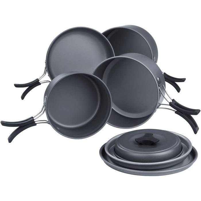 Набір посуду для кемпінгу з 7 предметів для 4-5 осіб - Міцний алюміній з антипригарним покриттям - Набір каструль та сковорідок у сітчастій сумці для кемпінгу та використання на природі