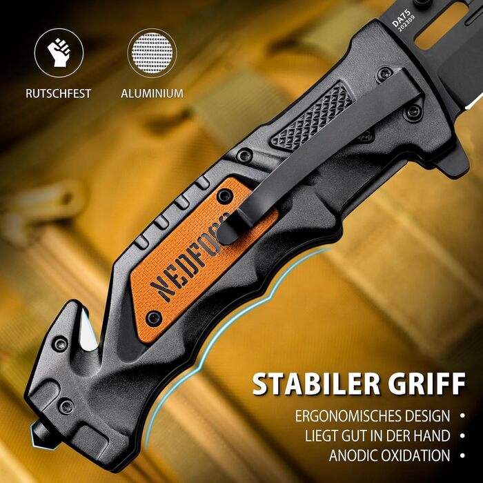 Рятувальний ніж NedFoss DA75, 10-сантиметровий складаний ніж з різаком для ременя та склорізом, кишеньковий ніж з фіксатором на пі