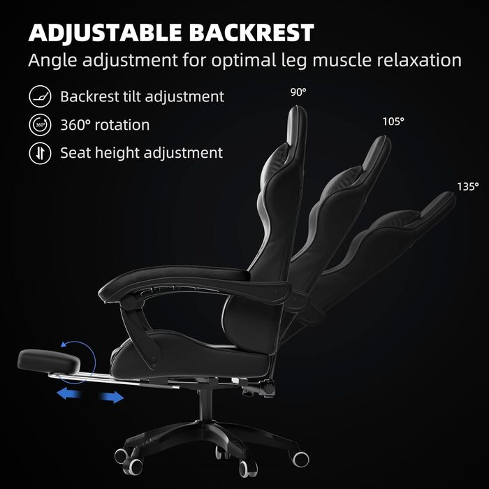 Ігрове крісло Invoker, ергономічне ігрове крісло, комп&39ютерне офісне крісло з підставкою для ніг, регульована спинка 90-135, поворотне крісло для ПК на 360, чорне