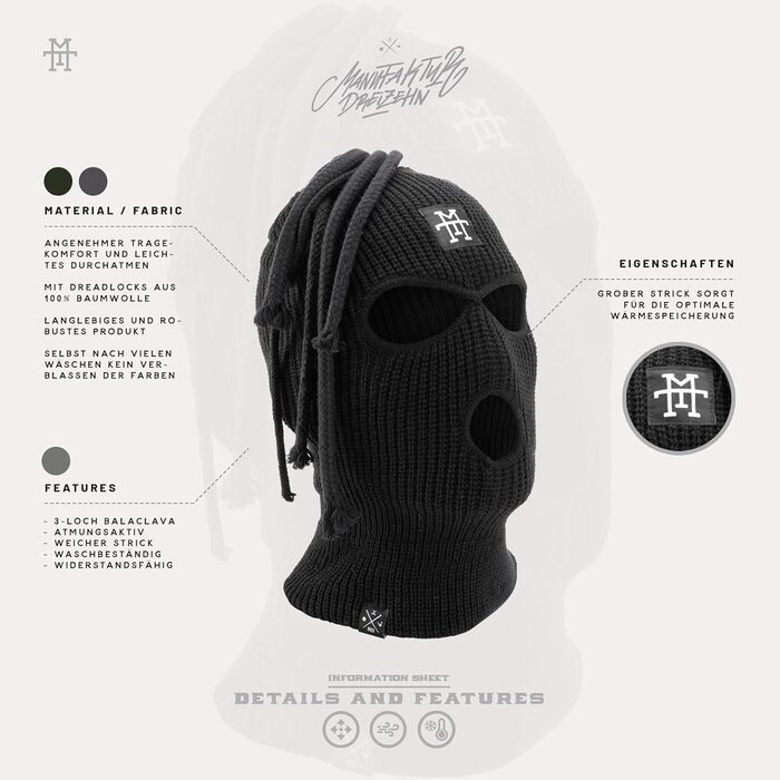 Балаклава Manufaktur13 Dread - лижна маска з 3 отворами та дредами, лижна маска різних кольорів, багатофункціональна маска, еластична/розтяжна, в&39язана, один розмір, чорна