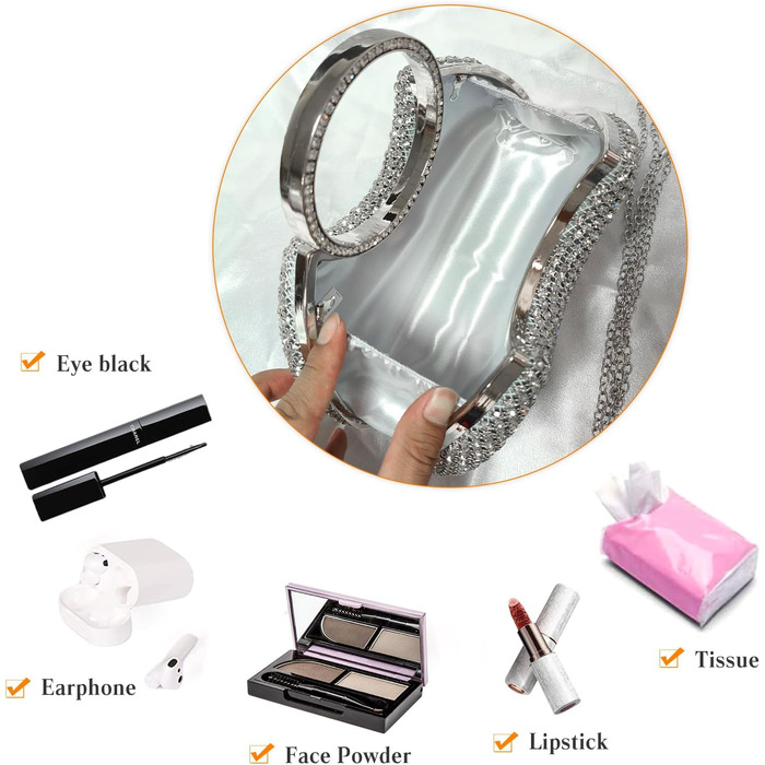 Сумка-клатч жіноча вечірня зі стразами, срібляста діамантова сумочка на ланцюжку для весілля, випускного, банкету та урочистих подій