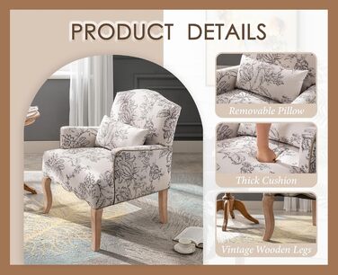 Вінтажне крісло з підлокітниками, м&39яке крісло з дерев&39яними ніжками та квітковим візерунком, одномісний диван, акцентне крісло з подушками для вітальні/спальні, бежевий
