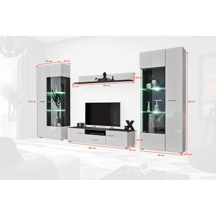 Модульна настінна шафа для вітальні SOLIDO Twin, стінка під телевізор, білий глянець