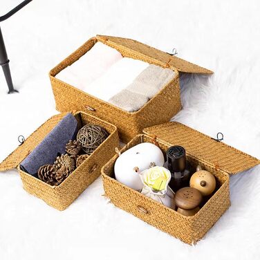 Кошики для зберігання речей, комплект кошиків з ротанга з 3 предметів з кришками, плетені кошики для подарунків, багатофункціональні кошики з морської трави, органайзери для косметики для ванної кімнати, вітальні, кухні