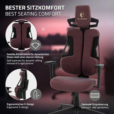 Ігрове крісло ML-Design, тканина, червоне, ергономічне офісне крісло, 3D підлокітники, підголівник, поперекова підтримка, індивідуально регульоване ігрове крісло, геймерське крісло, комп&39ютерне крісло, письмове крісло для домашнього офісу