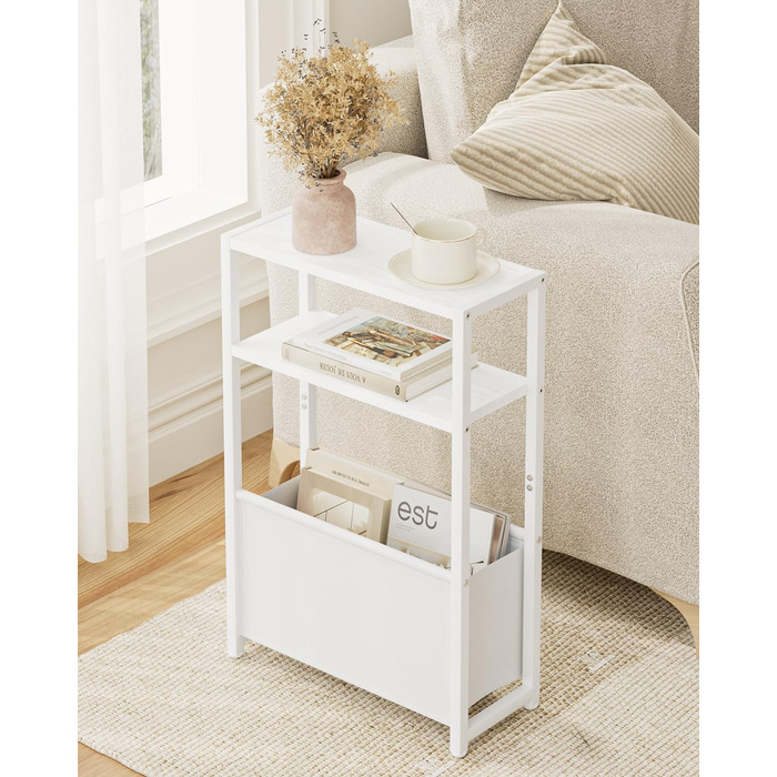 Журнальний столик з місцем для зберігання речей, 3-ярусний вузький журнальний столик з сумкою, вузька тумбочка, маленький журнальний столик для невеликих приміщень, спальня, вітальня, офіс (білий)