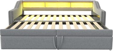 М&39яке ліжко, розкладне ліжко 90/180x200, кушетка/диван-ліжко зі світлодіодним підсвічуванням, USB-портом та відділенням для зберігання речей, односпальне/двоспальне ліжко, функціональний каркас ліжка з рейковою основою, лляне, без матраца, світло-сірий 