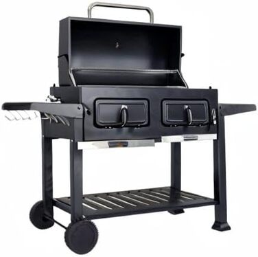 Мангал HWC-K94, візок для барбекю BBQ садовий з кришкою-поличкою, емальована сталь 110x153x60см чорний