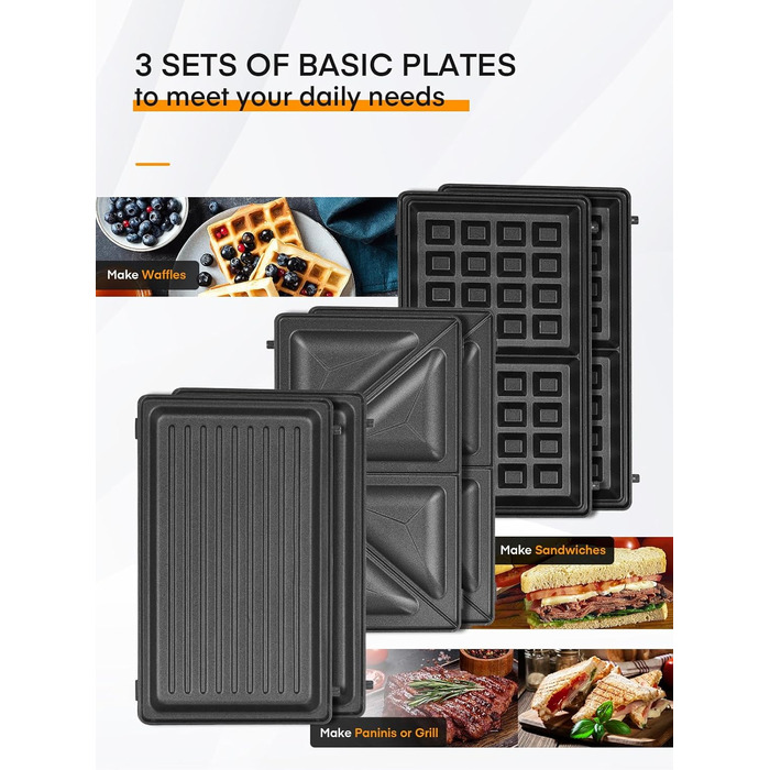 Бутербродниця FOHERE 6 в 1, вафельниця, контактний гриль, паніні, солодкі тістечка, антипригарне покриття для легкого очищення, двостороннє випікання при постійній температурі, без бісфенолу А, 750 Вт