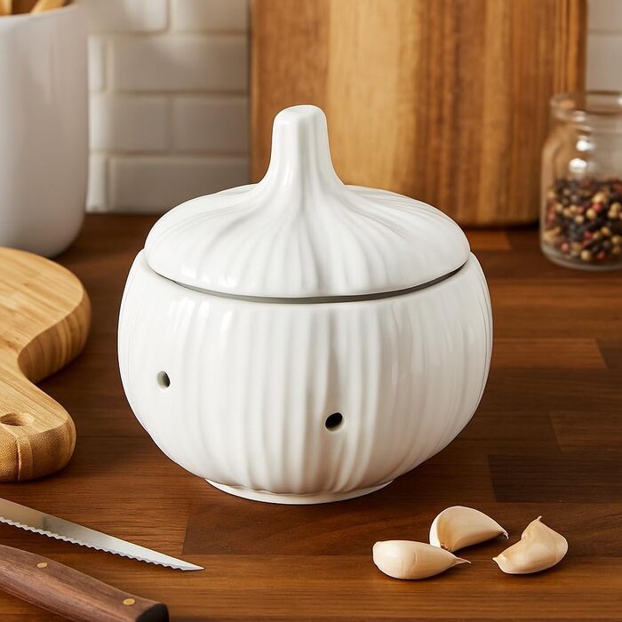 Керамічна банка для часнику з вентиляцією - контейнер для зберігання часнику, цибулі та спецій - контейнер для часнику 13 x 13 x 14 см - сучасне кухонне сховище