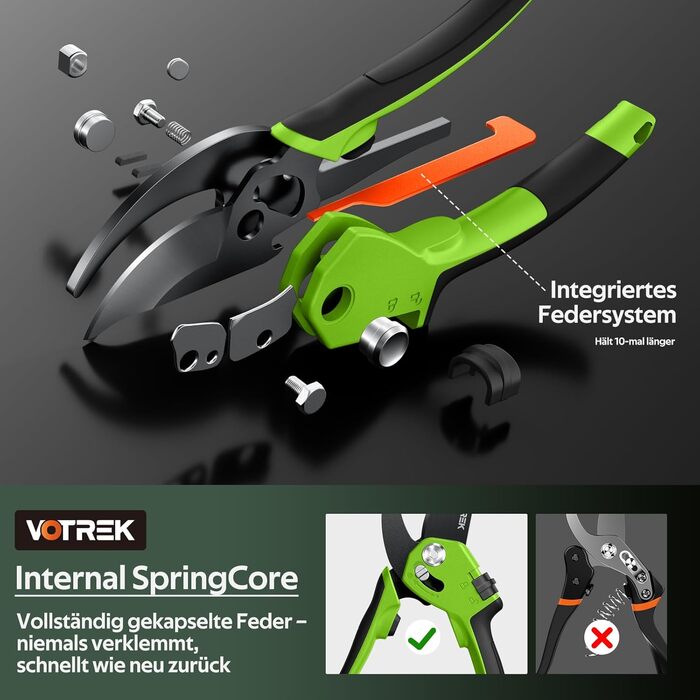 Садові ножиці з двостороннім механізмом 8,5 дюймів з плавним відкриванням ручки, професійні ножиці для троянд та дерев зі сталі SK5 та внутрішньою пружиною для легкого обрізання ідеально підходять для людей зі слабкими руками. Браслет Подарунковий зелений