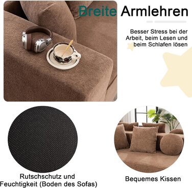 Диван Cloud із сегментованим, повністю стиснутий диван без кісток, модульний диван із функцією сну, розкладний диван, для вітальні/спальні, шеніл, не потребує складання, коричневий