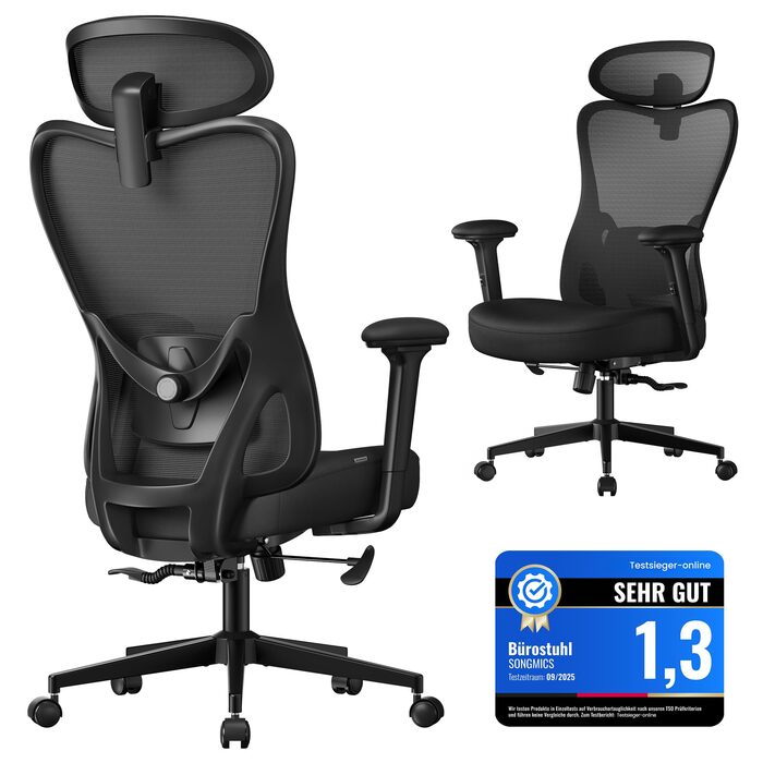 Ергономічне офісне крісло SONGMICS, стілець для роботи, комп&39ютерне крісло, регульований поперековий відділ та підголівник, вантажопідйомність до 150 кг, регульована висота, чорний колір OBN066BH01