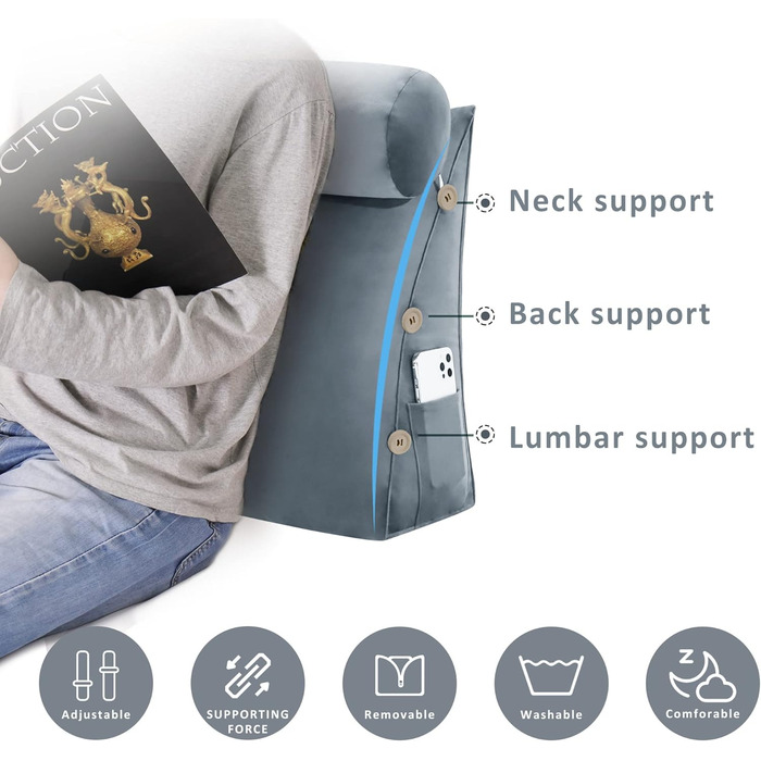 Подушка для спини Johnear зі знімним валиком для шиї, м&39яка оксамитова подушка для шиї, подушка для дивана, подушка для книги, подушка для читання, трикутна клиноподібна подушка, підтримка шиї (сіра, 60 см) Оксамитова сіра подушка для шиї 60 x 22 x 50 с