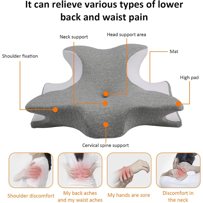 Подушка з піни з ефектом пам&39яті, дорожня подушка з підтримкою шиї, ергономічна подушка зі знімним чохлом, подушка для сну на боці, спині та животі, сіра