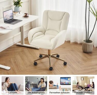 Бежеве робоче крісло з підголівником регульоване по висоті обертове крісло з велюрової тканини, крісло для домашнього офісу з підлокітниками та золотими ніжками, легке складання