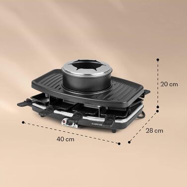 В-1 Раклет Фондю Комбі та гриль, Набір для фондю з раклету 1100 Вт з кам'яною тарілкою, Електричний раклет-гриль для фондю на 8 персон без підставки Pan Coaster Чорний-сріблястий, 3-
