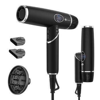 Фен з 200 мільйонами негативних іонів, наднизький рівень шуму 57 дБ, безщітковий мотор 110 000 об/хв, вага 340г, складаний фен з 3 дифузорами, LCD-дисплеєм, для подорожей, чорний, 2000W