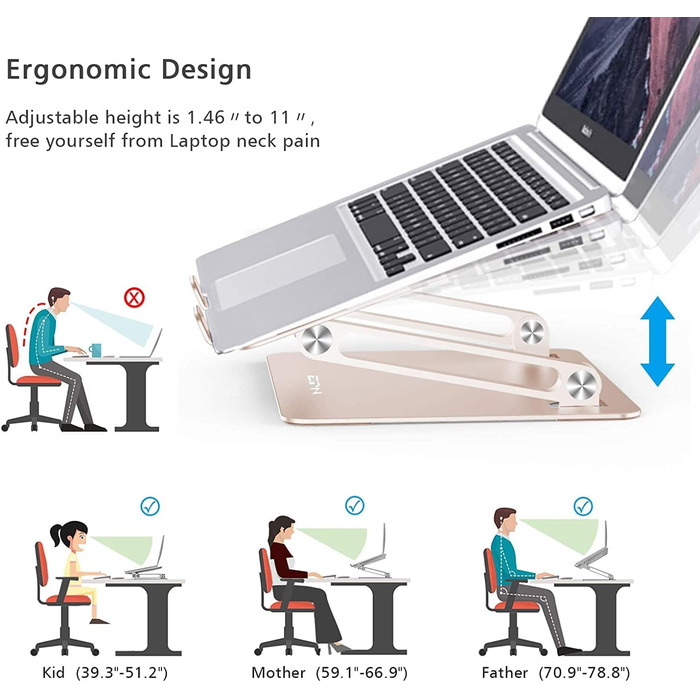 Підставка для ноутбука Konsol, складна, з регульованим кутом нахилу, легка та міцна з алюмінію, сумісна з ноутбуками до 17 дюймів (Золота)