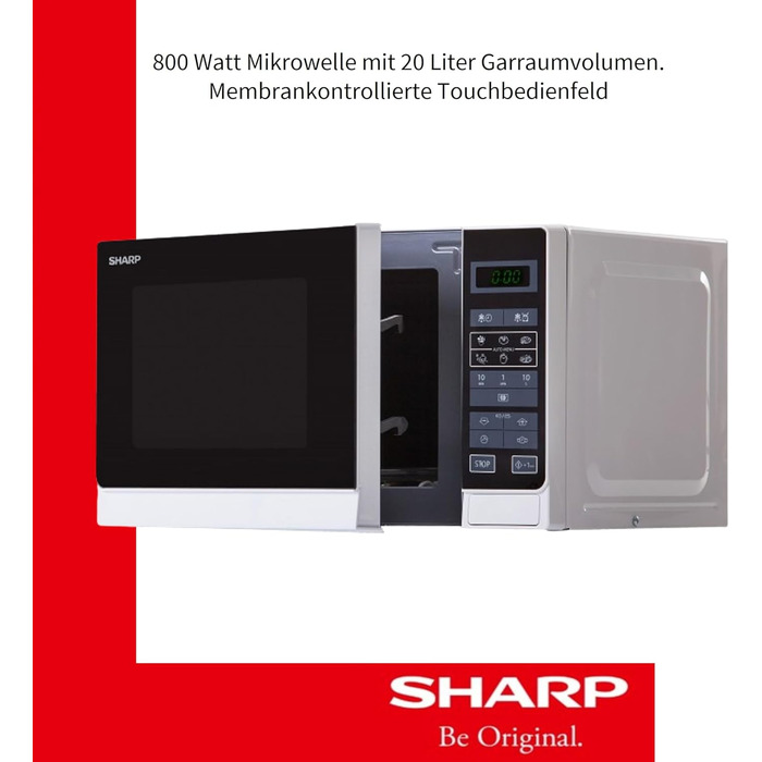 Мікрохвильова піч Sharp R242INW Solo / 20 л / 800 Вт / 5 рівнів потужності / 8 автоматичних програм / Розморожування з регулюванням ваги та часу / Блокування від дітей / Режим енергозбереження / Скляне поворотне блюдо (25,5 см) / Срібло