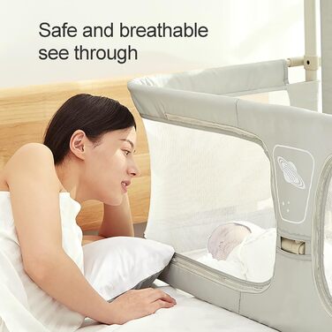 Дитяче ліжечко 3-в-1, дитяче ліжечко, дитяча колиска, регульована по висоті, приліжкове ліжечко/пружинне ліжко-бокс, дитячий манеж, який можна розмістити на ліжку, з москітною сіткою, кремово-білий