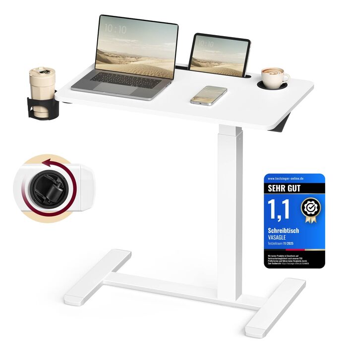 Журнальний столик VASAGLE з колесами, мобільний стоячий столик, стільниця 70 x 40 см, регульована висота, 2 підсклянники, відділення для мобільного телефону або планшета, хмарно-білий LSD600W01 70 x 40 см хмарно-білий