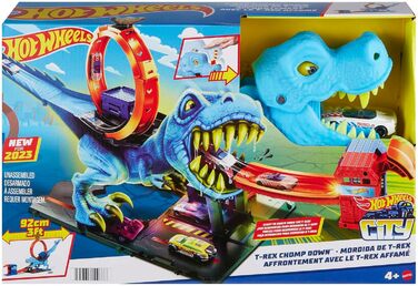 Гоночний трек Hot Wheels T-Rex атака, гра на спритність завдяки точному розрахунку часу та прицілюванню, з петляючою трасою, автом