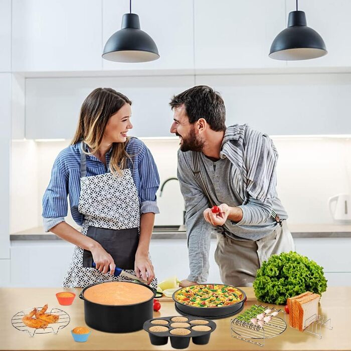 Набір аксесуарів для фритюрниці, набір аксесуарів для фритюрниці 8 дюймів 13 шт. для фритюрниць 3.8-5.5 л з рецептами, чашки для тортів з антипригарним покриттям, лоток для піци, силіконовий вкладиш для сковороди, форми для мафінів тощо.