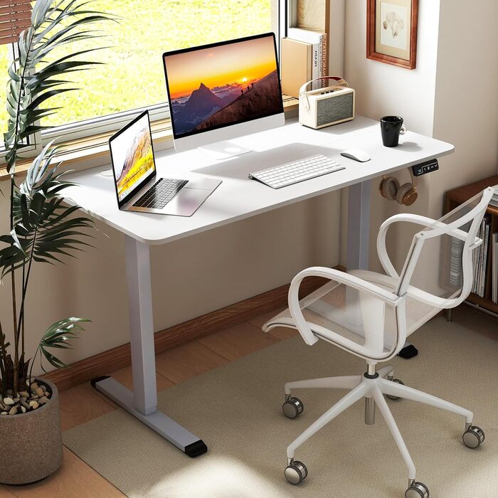 Електричний стіл LIFEZEAL для роботи сидячи та стоячи, регульований по висоті, з тримачем для навушників та органайзером для кабелів, ергономічний стіл з функцією пам&39яті для домашнього офісу, білий