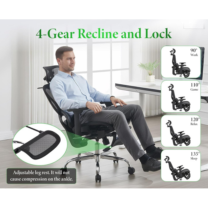 Ергономічне офісне крісло, стілець для роботи з функцією гойдання, регульована висота, виготовлений з сітчастої тканини, обертове крісло для навчання, офісу, домашнього офісу, чорний колір