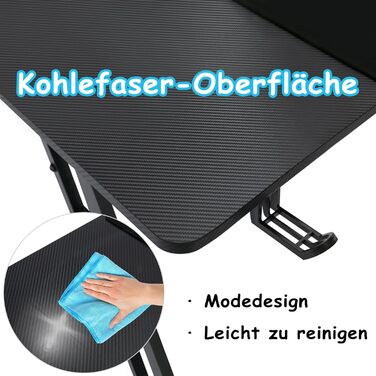 Ігровий стіл 120 x 60 см, Z-подібна рама, комп&39ютерний стіл з вуглецевим волокном, ергономічний ПК-стіл з гачком для навушників та підставкою для склянок, чорний 120 x 60 см, чорний, без RGB-підсвічування