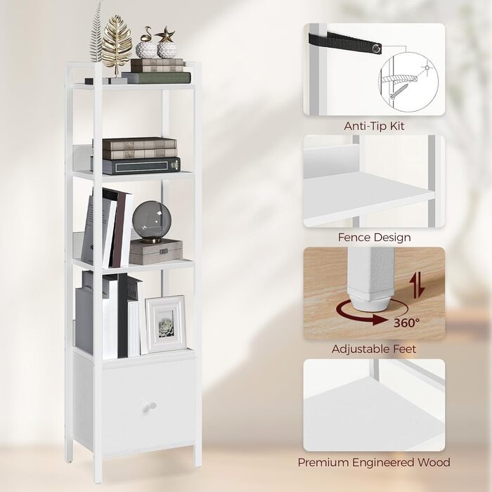 Книжкова полиця, окремостояча полиця з шухлядою, 33 x 24 x 131 см, книжкова шафа з 5 полицями, окремостояча книжкова шафа, для вітальні, спальні, офісу, біла ABKWT55101 5 полиць (33 x 24 x 131 см) Біла