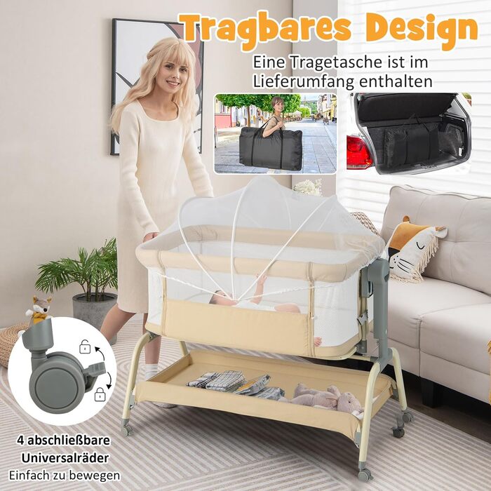 Дитяче ліжечко COSTWAY 4 в 1 з москітною сіткою, бічним ліжком, колискою та люлькою, а також дорожнім ліжком з матрацом, 6 регульованих рівнів висоти, сумкою для перенесення, складним портативним ліжечком для дітей до 6 місяців (бежевий)