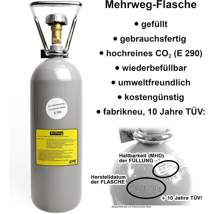 Балон з вуглекислим газом Gases Partners 2 кг/газовий балон, наповнений 2 кг вуглекислого газу (CO2) / харчова якість відповідно до E290 / НОВА пляшка / 10 років TV