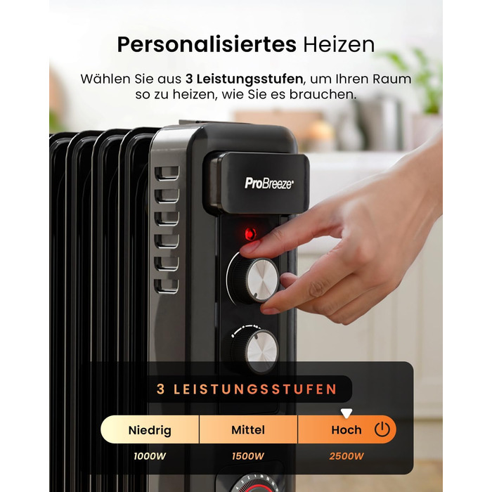 Міні-масляний радіатор Pro Breeze 2500W з 11 ребрами, електричний радіатор, 24-годинний таймер, енергозберігаючий масляний радіато