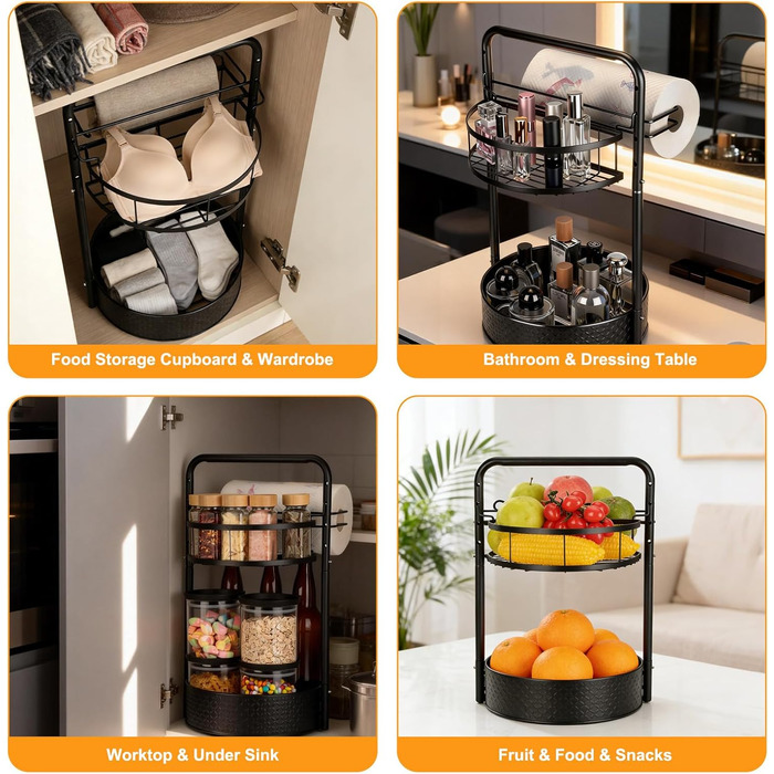 Обертова підставка для спецій Romon, 2-рівнева кухонна полиця з тримачем для паперових рушників, органайзер для спецій з кульковими підшипниками з нержавіючої сталі та протиковзкими ніжками, для кухонних шаф та стільниці, чорна