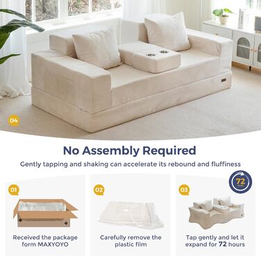 Розкладний диван MAXYOYO, вельветовий диван на підлозі, розкладний диван з підставкою для чашок та декоративними подушками, зручний компресійний диван для вітальні, спальні, кімнати для гостей, кремовий 3-місний