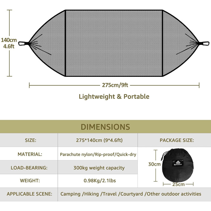 Туристичний кемпінг-гамак NatureFun преміум-класу з москітною сіткою з максимальною вантажопідйомністю 300 кг, дихаючий швидковисихаючий нейлон 2 карабіни та 2 стропи в комплекті чорний