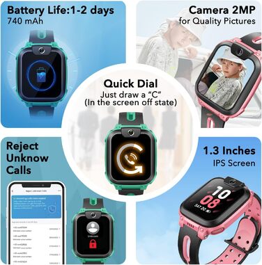 Дитячий смарт-годинник з GPS та телефоном, Дитячий смарт-годинник з GPS, Дитячий смарт-годинник з тривалим відео- та телефонним зв&39язком, Водонепроникний IPX8 (зелений) Зелений Z1, 1
