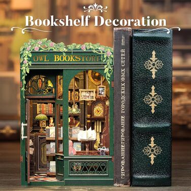 Набір для створення книжкового куточка CUTEBEE - Будиночки для ляльок своїми руками, мініатюрний набір для дорослих зі світлодіодним підсвічуванням, 3D-пазлом та підставкою для книг Креативний набір для декору книжкової полиці (Книгарня Owl)