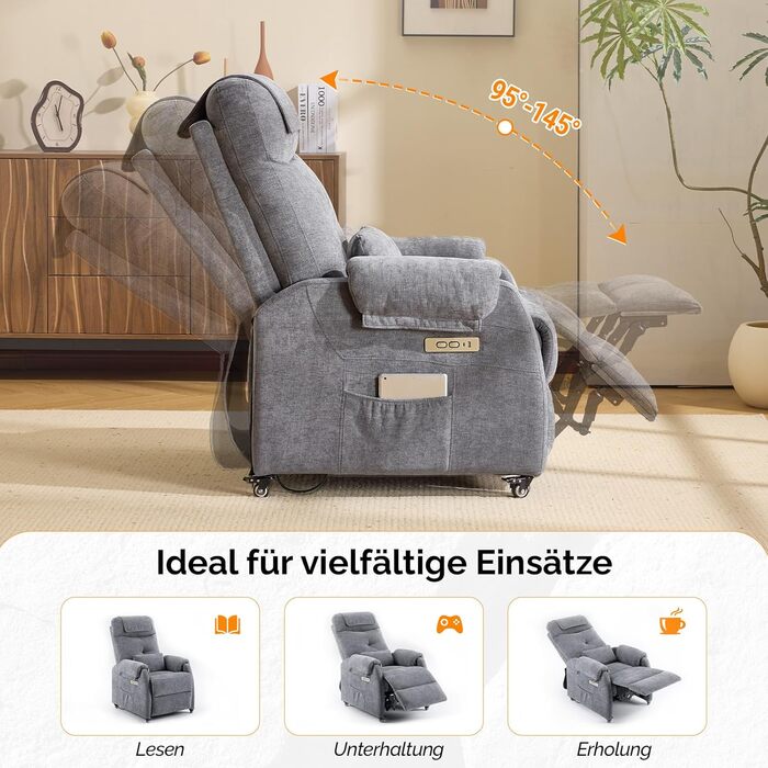 Крісло Bonnlo Recliner, електричне масажне крісло з функцією відкидання, крісло для телевізора, 2-точковий масаж та функція підігріву, порти USB-C та USB-A, 1 бічна кишеня (тканина шеніл, темно-сірий)