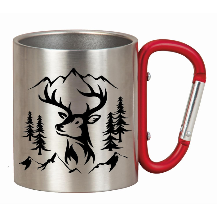 Кемпінгова кружка з нержавіючої сталі з карабіном, 200 мл, мотив оленя, 8x7 см, сріблясто-червона