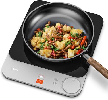 Індукційна плита TOKIT Індукційна плита Автоматичне визначення каструлі 2100 Вт 1-кнопкове керування 16 мм Ультратонка кришталева поверхня су-від подряпин сірого кольору