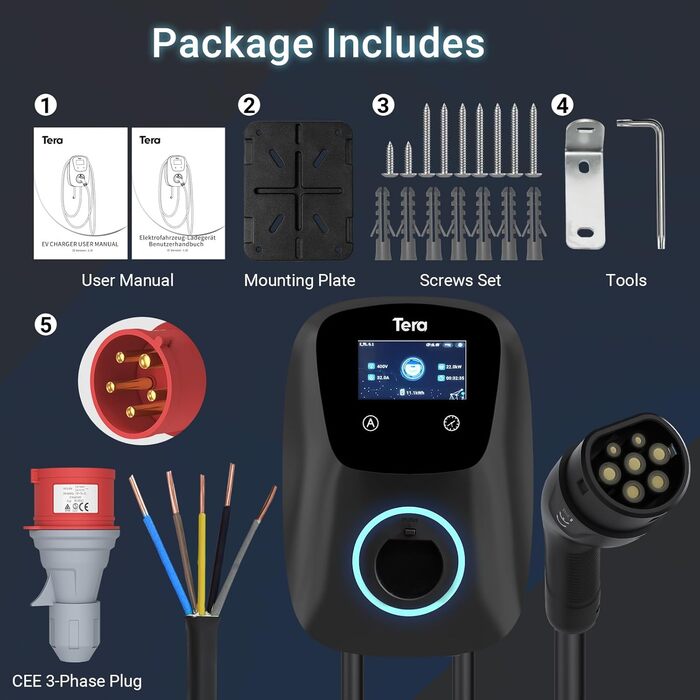Зарядний пристрій Tera EV Smart APP з 32A Тип 2 22кВт або 11кВт домашня зарядна станція 400В CE & TV Wallbox 7м зарядний кабель з