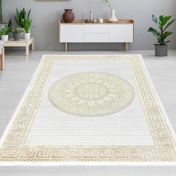 Килим для вітальні спальні меандр короткий ворс чарівний благородний орнамент східний блискучий величезний XXL крем-золото 240 х 3