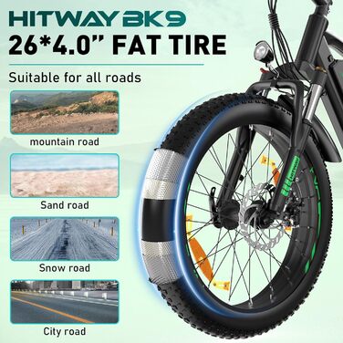 Електричний велосипед HITWAY E Bike для дорослих 26-дюймовий 4.0 Fat Tire Ebikes, гірський велосипед E-MTB 48V 15Ah, педальний, 7-швидкісний, до 55-80 км Чорний