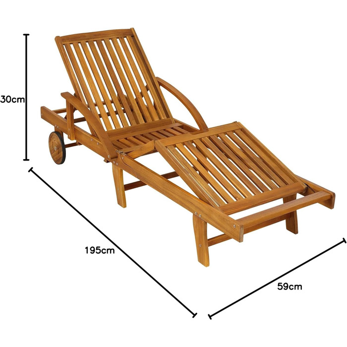 Складаний шезлонг Casaria, всепогодний дерев&39яний садовий шезлонг, вантажопідйомність 160 кг, з 2 колесами, столом для зберігання, регульованою спинкою та підставкою для ніг, 196 см