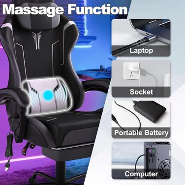 Ігрове крісло Froadp з масажем, підставкою для ніг та підголівником, ергономічне ігрове крісло з масажною поперековою подушкою, регульована спинка 90-135, шкіра штучна - чорний, сірий та білий